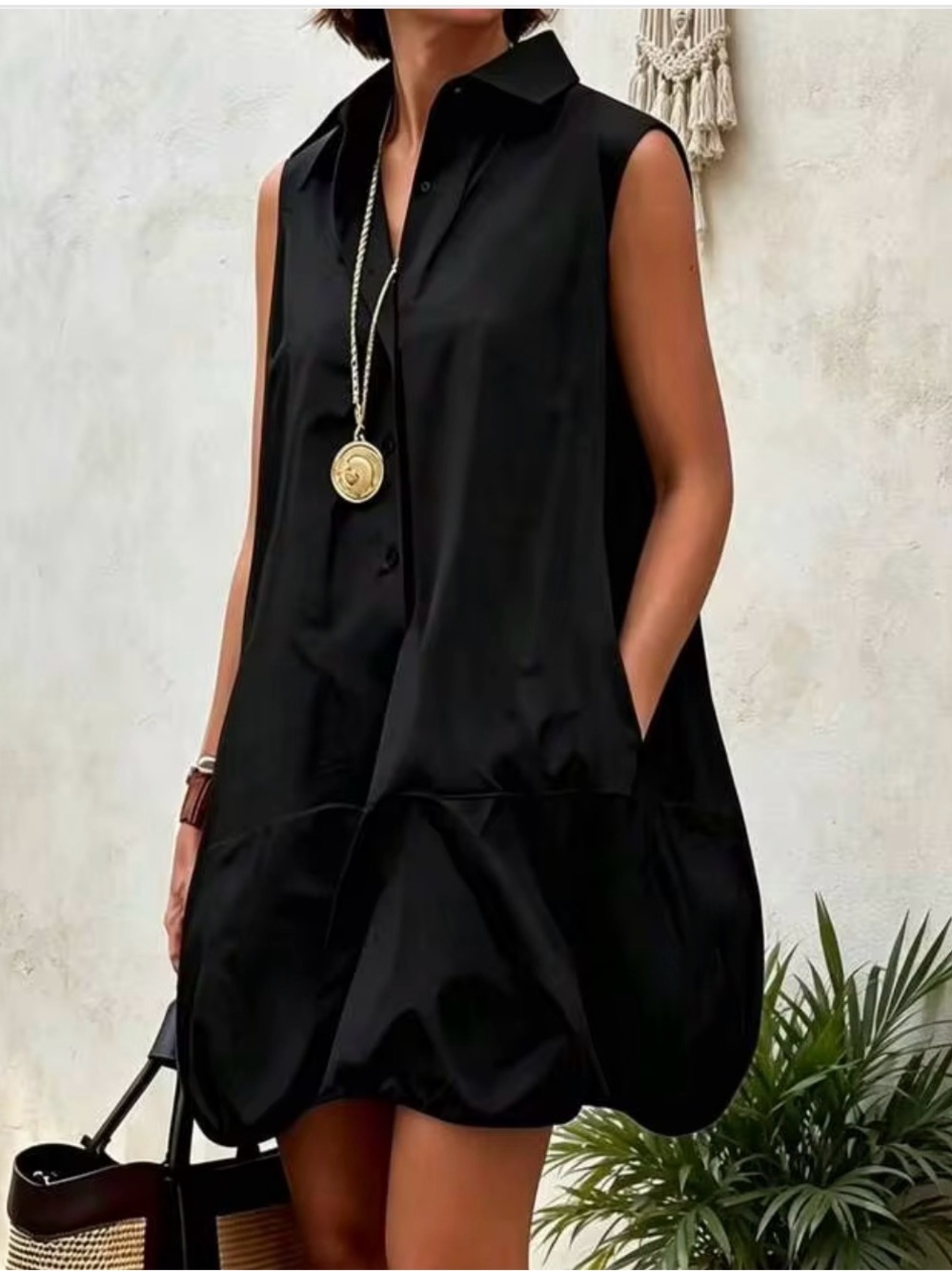 SHEIN Black Sleeveless Collared Bubble Hem Mini Dress